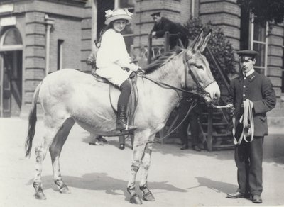 Eine junge Dame reitet auf einem Esel, der von einem Wärter geführt wird, während ein anderer zusieht, London Zoo, Mai 1914 von Frederick William Bond